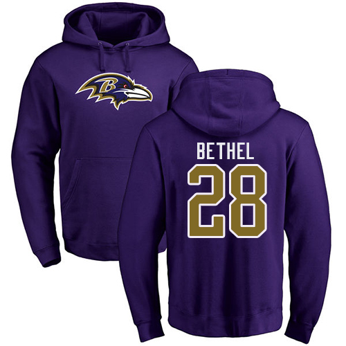 Men Baltimore Ravens Purple Justin Bethel Name and Number Logo NFL Football #28 Pullover Hoodie Sweatshirt->nfl t-shirts->Sports Accessory